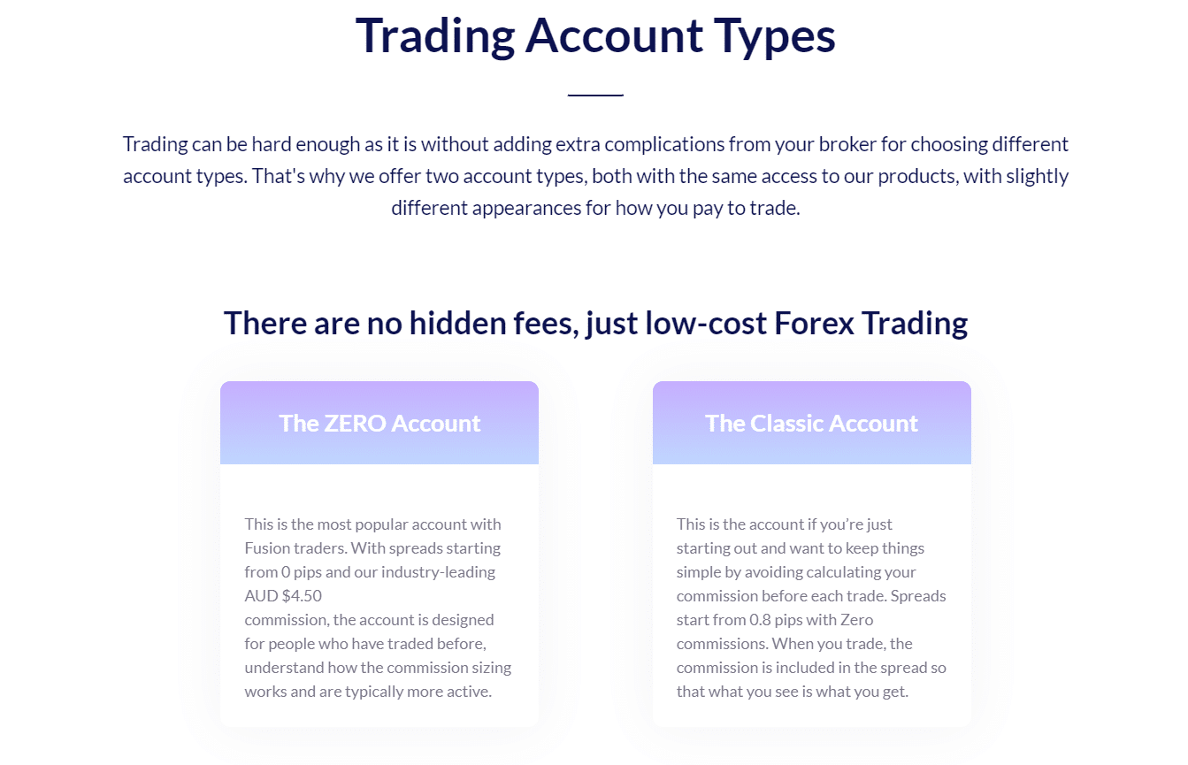 trading account types on Fusion Markets